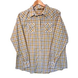 Wrangler Women's Western Rodeo‎ Shirt XL Gold Yellow Plaid L/S Pearl Snap Front